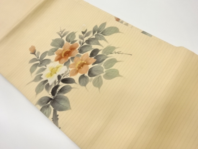 絽金彩手描き花葉模様名古屋帯